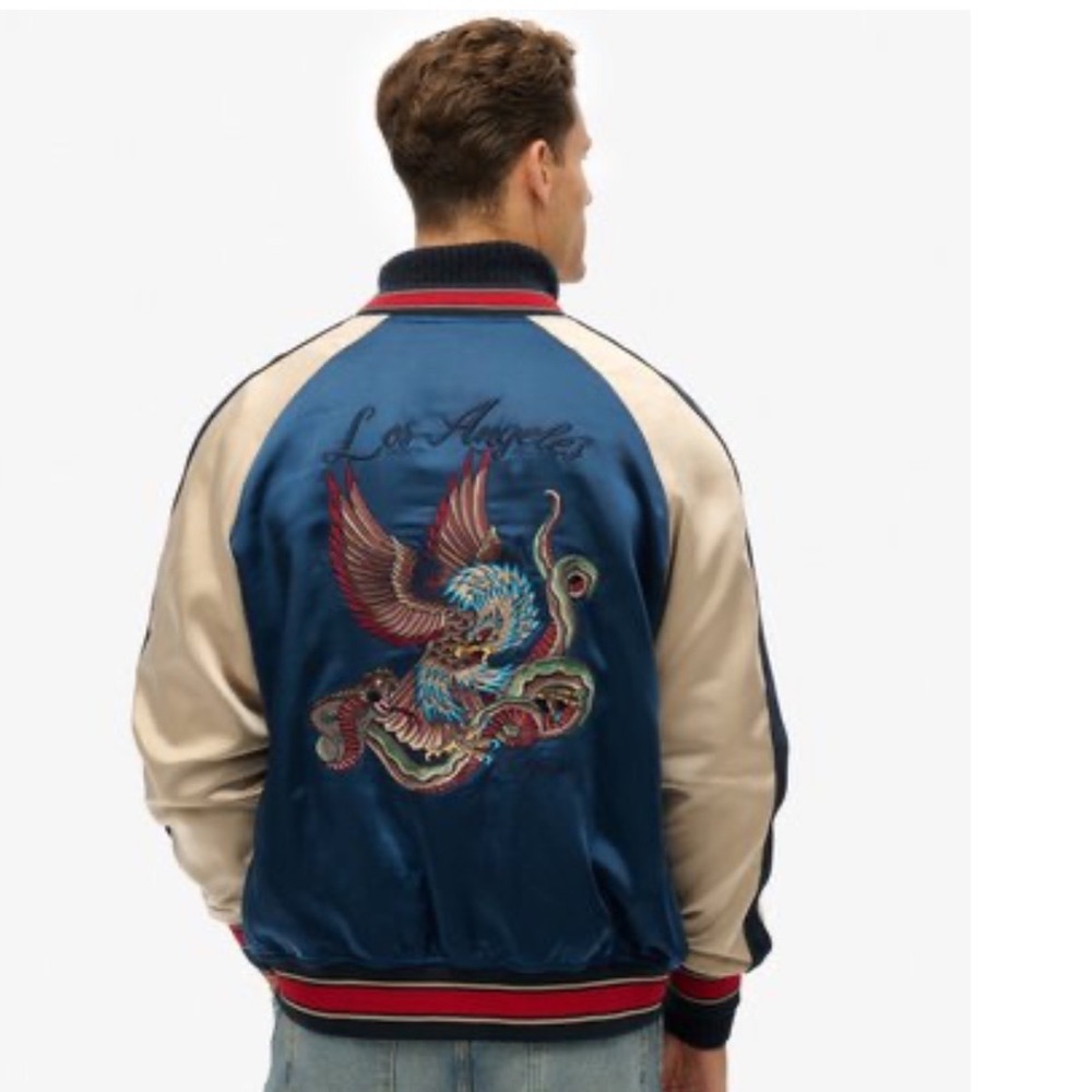 Superdry Mens Bomber Jacket Blue Satin Eagle Embroidery Los Angeles CA Size M